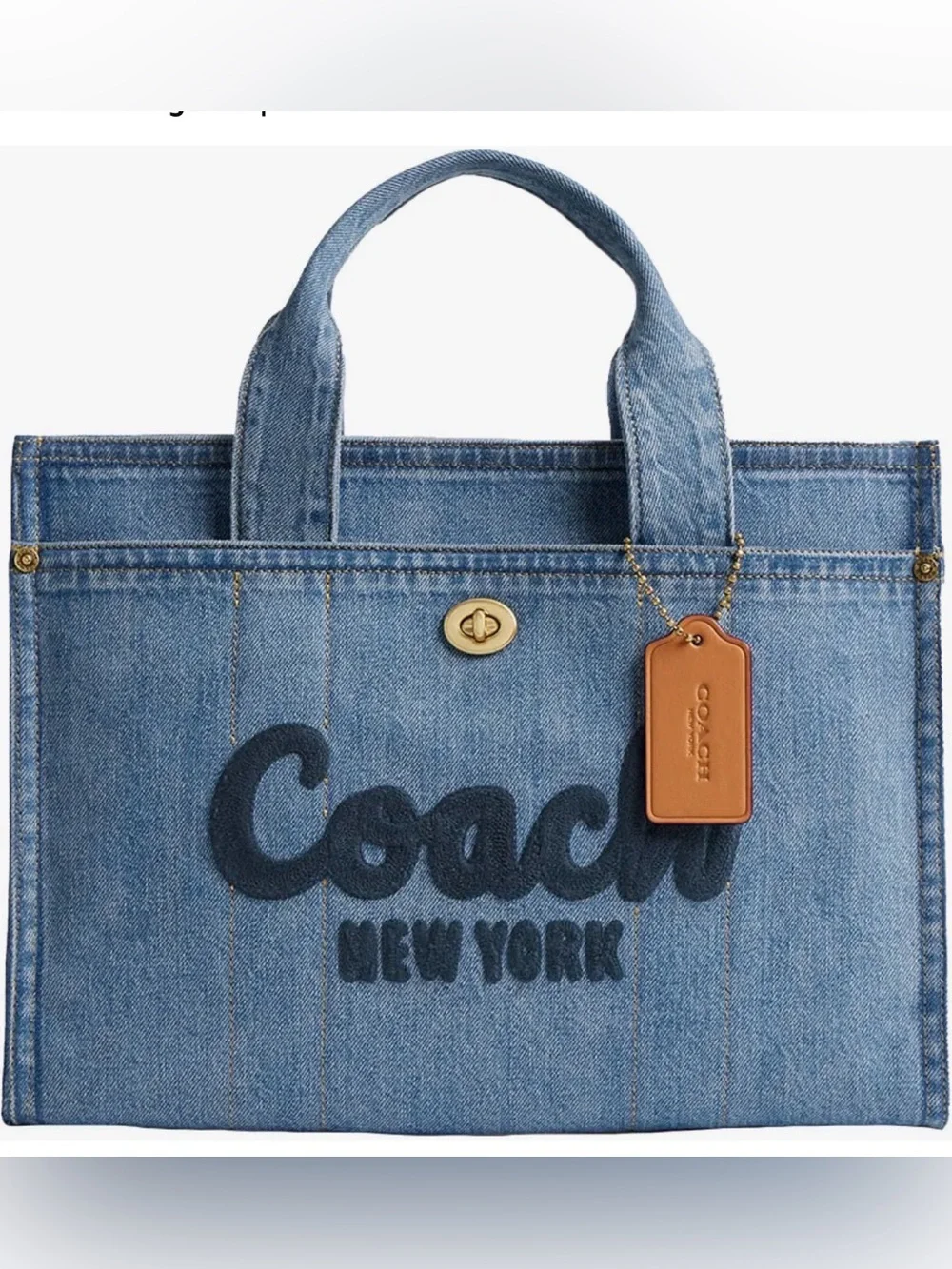 NWT Coach Denim Cargo Tote with Logo and Leather Tag in Blue and Tan